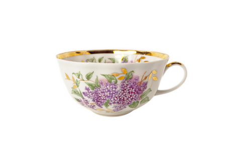 添加白色孤立的花卉装饰瓷茶杯