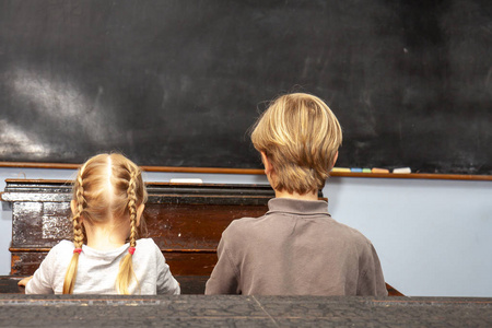 公共小学教育理念与年轻男孩和女孩坐在教室里