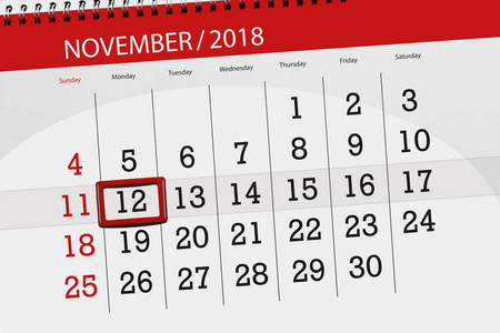 日历规划器月份, 截止日期 2018 11月, 12, 星期一