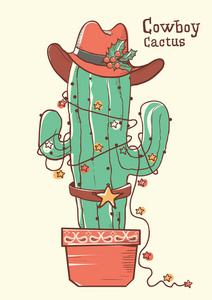 仙人掌圣诞节与牛仔帽。矢量彩色手绘插图