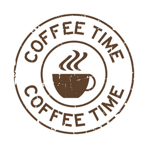 棕色咖啡时间词与杯子图标圆形橡胶印章在白色背景上