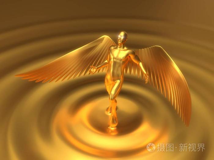 金色天使的性格从液态金上升.3d 插图