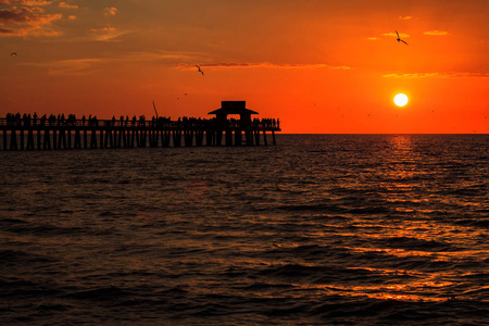 美丽的日落沿那不勒斯海滩码头在那不勒斯, 佛罗里达