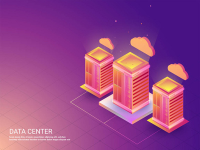 三数据或云服务器在有光泽的紫色背景上相互连接数据中心 web 模板设计