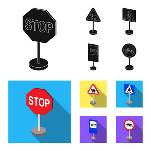 不同类型的路标黑色, 平面图标在集合中进行设计。警告和禁止标志矢量符号股票 web 插图