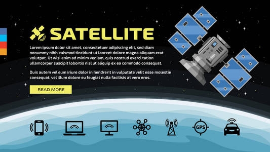 空间平面卫星矢量模板与通信图标, 地球, 文字和按钮在星背景上