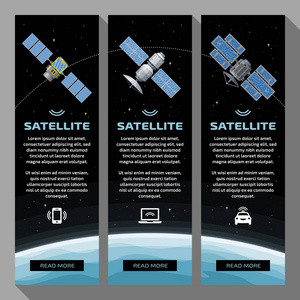 一套垂直横幅与卫星在空间, 地球, 明星背景, 文本和图标。网站的通用模板