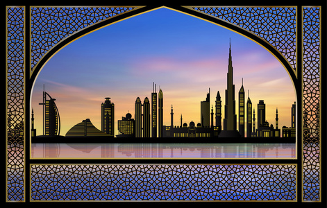 迪拜城市天际线与拱图片