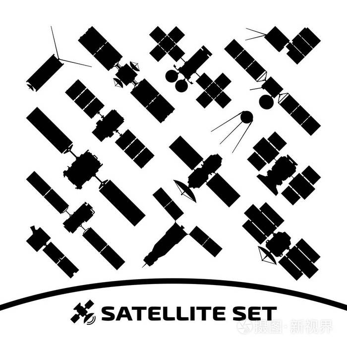 带雷达太阳能电池板和碟形天线的连接和侦察卫星的矢量隔离剪影