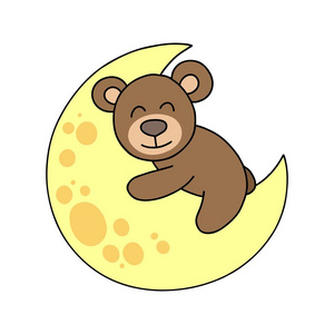 可爱的熊躺在月球上。卡通动物平面插画卡