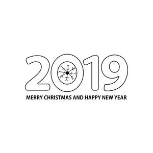 2019号, 雪花和文字圣诞快乐和新年快乐的白色背景。矢量插图