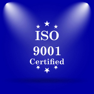 Iso9001 图标。蓝色背景上的平面图标