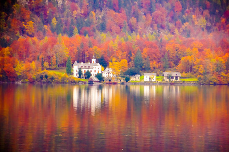 Ebankment 哈尔施塔特湖反射在秋天, 科教文组织, 哈尔施塔特, 奥地利