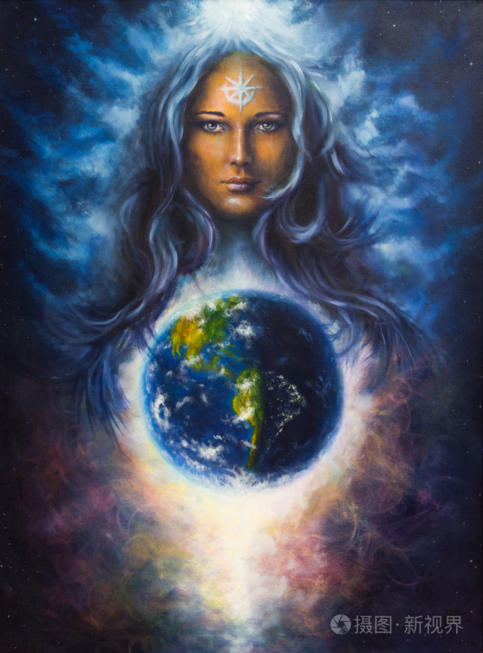 在画布上的女人女神旱地作为强大监护人和保护精神地球上的美丽的油画