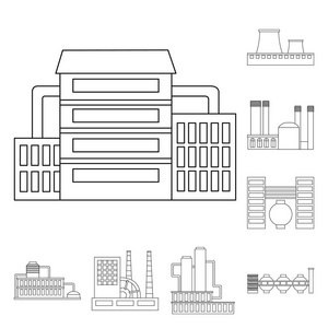 工厂和设施的轮廓图标集集合中的设计。工厂和设备矢量符号库存 web 插图
