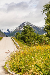 运行通过挪威山的路。美丽的风景。旅行和旅游