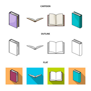 各种各样的书。书籍集合图标在卡通, 轮廓, 平面风格矢量符号股票插画网站