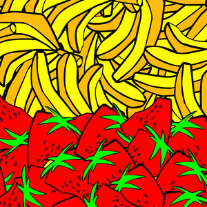 香蕉和草莓矢量，山很多成熟的水果，卡通开朗水果