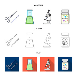 一个维生素库, 一个有溶液的烧瓶和其他设备。医学集合图标在卡通, 轮廓, 平面风格矢量符号股票插画网站