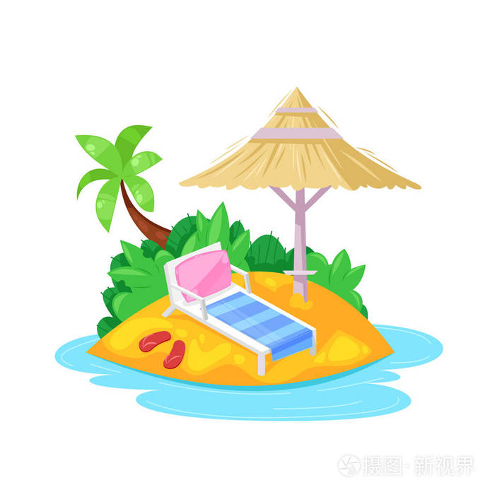 热带海岛在海洋与棕榈, 海滩在伞之下, 日光浴