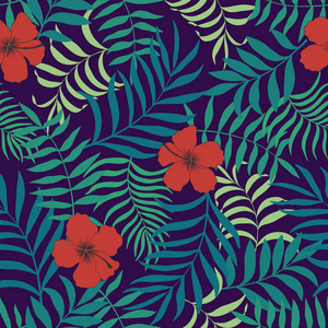 热带背景与棕榈叶和花朵。无缝的花卉图案。夏日矢量插画
