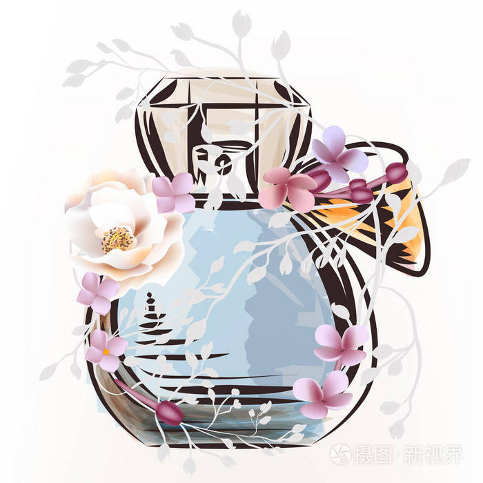 时尚例证与香水瓶和玫瑰花