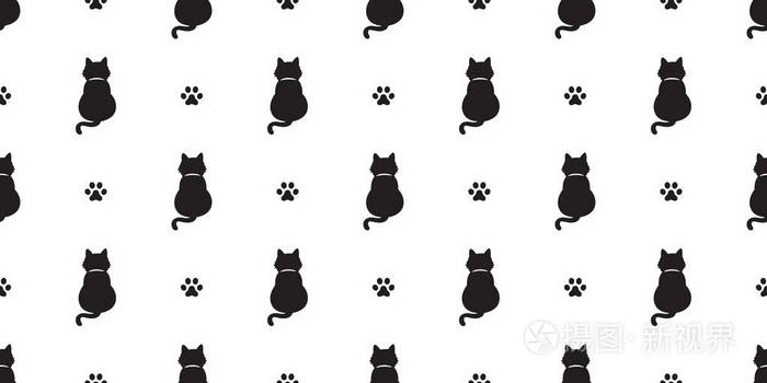 猫的无缝模式矢量小猫爪围巾隔离尾巴涂鸦壁纸背景插画-正版商用图片