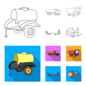 拖车与桶, 卡车和其他农业设备。农业机械集合图标轮廓, 平面矢量符号股票插画网