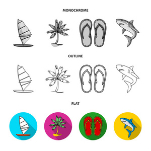 船上有帆, 岸边有棕榈树, 拖鞋, 白鲨。冲浪集图标在平面轮廓单色矢量符号股票插画网站