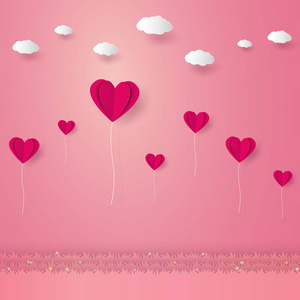 情人节, 爱的例证, 心气球飞过草地上的云彩, 纸艺风格