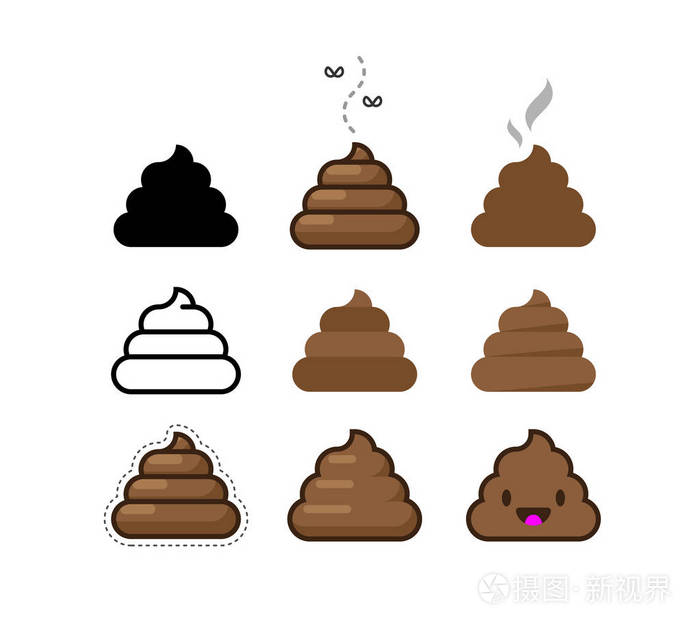 一套矢量平面图标狗屎.一捆布朗屎
