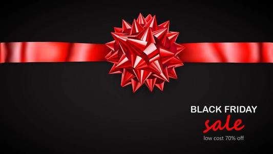 红色弓与水平丝带与阴影和题字黑色星期五销售在黑色背景
