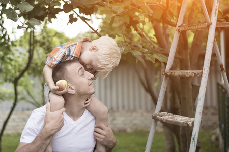 一个金发碧眼的小男孩, 手里拿着苹果, 在他父亲的肩膀上。庭院在背景