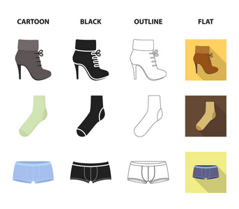 女式靴子, 袜子, 短裤, 女士包。服装集合图标在卡通, 黑色, 轮廓, 平面风格矢量符号股票插画网站