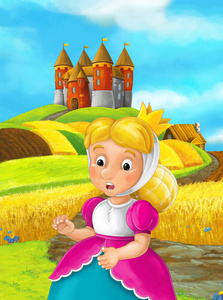 公主卡通人物在收获领域与城堡背景