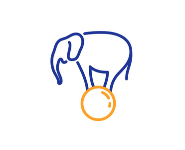 球线图标上的大象。马戏团的标志游乐园展示。五颜六色的轮廓概念。蓝色和橙色细线颜色图标。球向量上的大象
