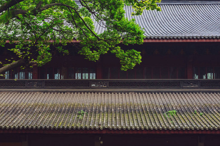 中国传统建筑的建筑细节, 在树下有黑色的瓷砖屋顶, 在灵隐寺, 杭州, 中国