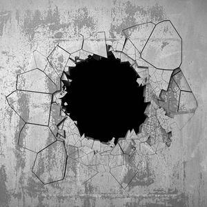 混凝土墙上有暗裂的破洞。垃圾的背景。3d 渲染插图