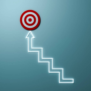 台阶或轻的台阶箭头瞄准目标目标或红色飞镖板商业概念在浅绿色墙壁背景与阴影3d 渲染