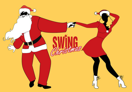 圣诞情侣跳舞秋千, 摇滚或林迪跳。打扮成圣诞老人的男人和穿着圣诞服装跳舞复古音乐的美丽女孩