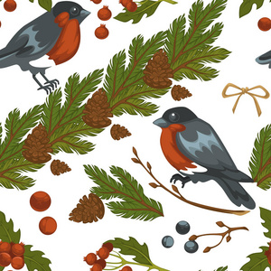 圣诞快乐布尔芬奇鸟和槲寄生符号无缝模式
