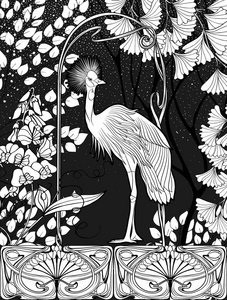海报, 背景与装饰花卉和鸟类的艺术风格。黑白图形