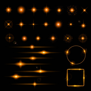 一组发光光效果星爆发与火花, 霓虹灯框架孤立的黑色背景。透明的星星。向量例证
