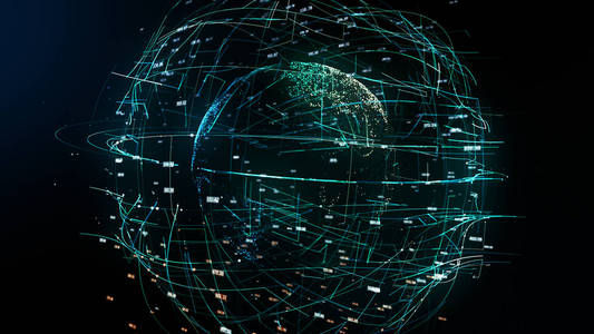 全球网络插图, 3d 插图象征全球信息技术与地球, 随机数和其他元素, 数字词的符号