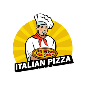 意大利厨师拿着美味的比萨饼。比萨店的矢量徽标