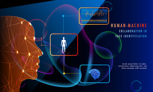 人机协作的面孔识别概念, 人脸用网格网在闪亮的蓝色背景下进行响应 web 模板设计