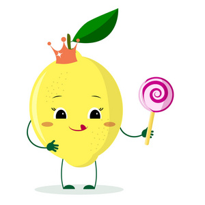 可爱的柠檬卡通人物与皇冠持有一个棒糖。矢量插图, 平面样式