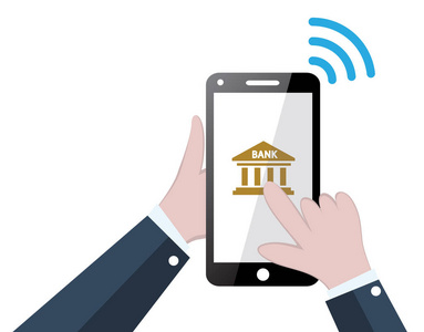 银行在线概念与手机和银行应用程序在屏幕上和触摸手