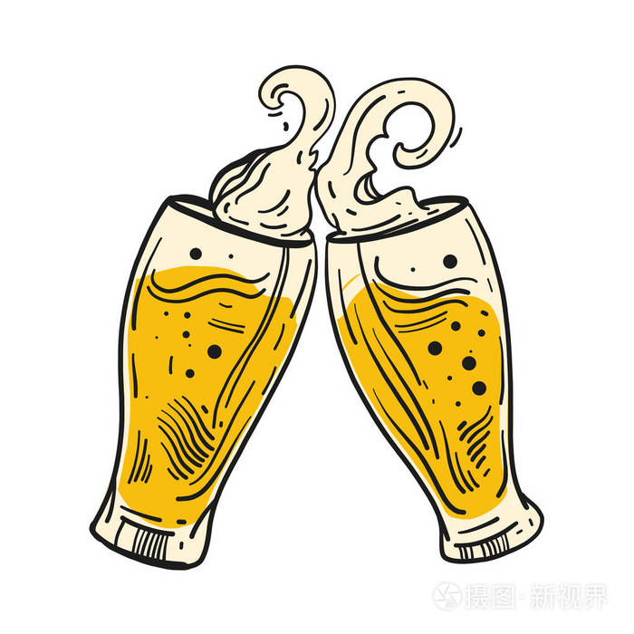 啤酒杯.啤酒节手绘矢量插图.在白色背景上被隔离
