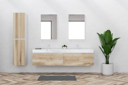 现代浴室的内部, 白色墙壁, 木地板和大理石双水槽站在木制台面上。两面垂直的镜子和狭窄的壁橱3d 渲染